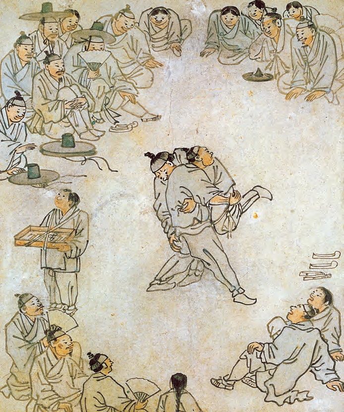 <b>Ssireum )Korean Wrestling( by Kim Hong-do )1745-1806(.</b> This genre painting by Kim Hong-do, one of the greatest painters of the late Joseon Period, vividly captures a scene of traditional Korean wrestling where two competing wrestlers are surrounded by engrossed spectators.