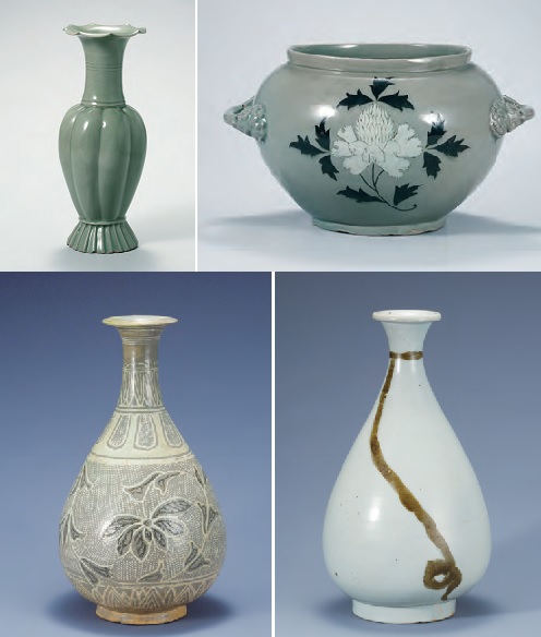 )Clockwise from left top( Celadon Melon-shaped Bottle )Goryeo, 12th century(; Celadon Jar with Peony Design )Goryeo, 12th century(; White Porcelain Bottle with String Design in Underglaze Iron )Joseon, 16th century(; Buncheong Bottle with Lotus and Vine Design )Joseon, 15th century( )Source: National Museum of Korea(
