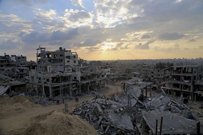 Building and houses lie in ruins following military conflict between Hamas and Israel in the Gaza Strip in Palestine. 