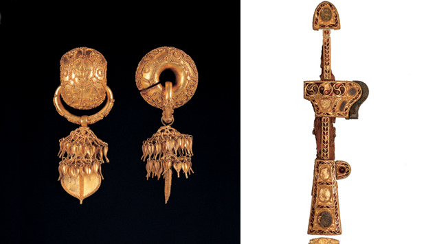 A pair of golden earrings (left), a dagger and sheath (photo courtesy of the National Museum of Korea)