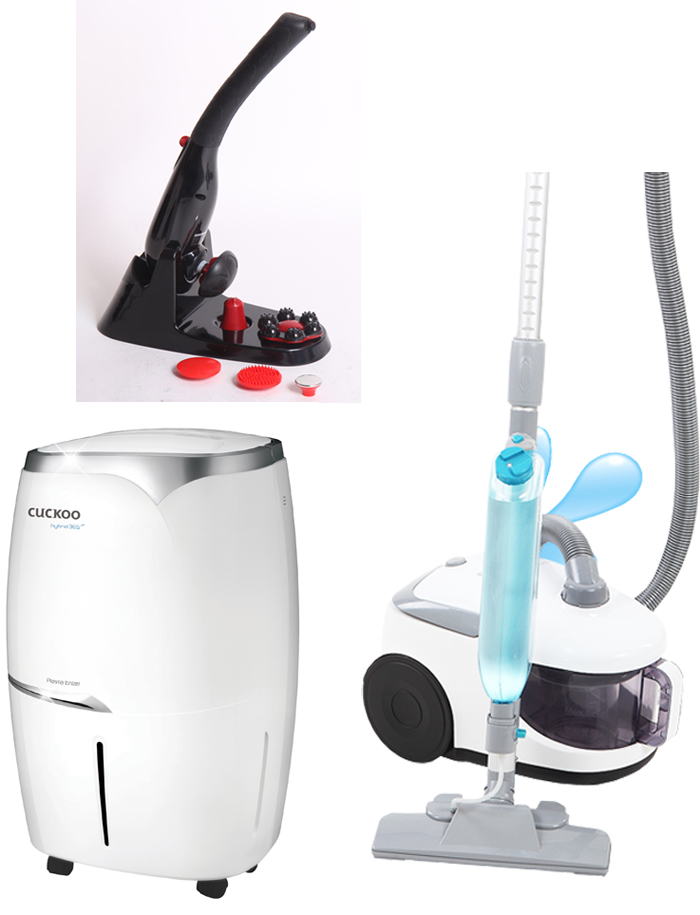  (Clockwise from top) Homelec's Cordless Massager, Cuckoo Electronics' Aair cleaner dehumidifier and Chunglim Aqua's water-filter vacuum cleaner 