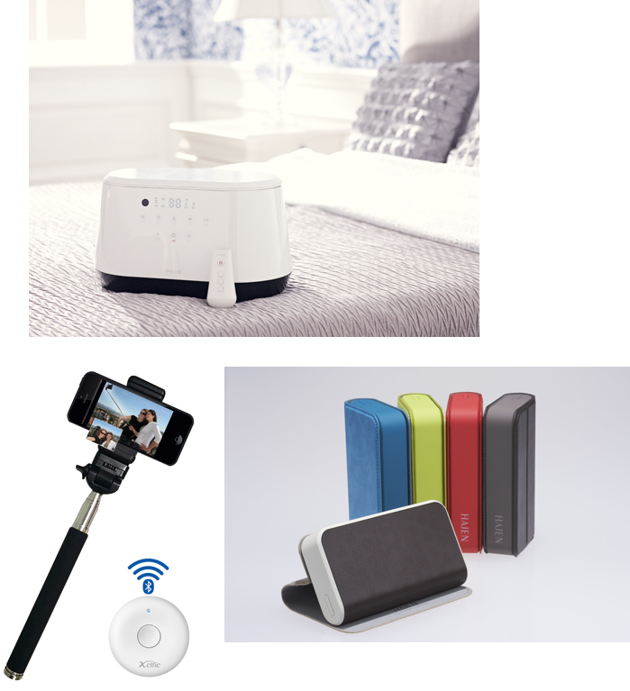  (Clockwise from top) Steam Boy's cold and hot mat, Hajen's bluetooth speakers, and Choice Technology's smartphone wireless camera shutter 