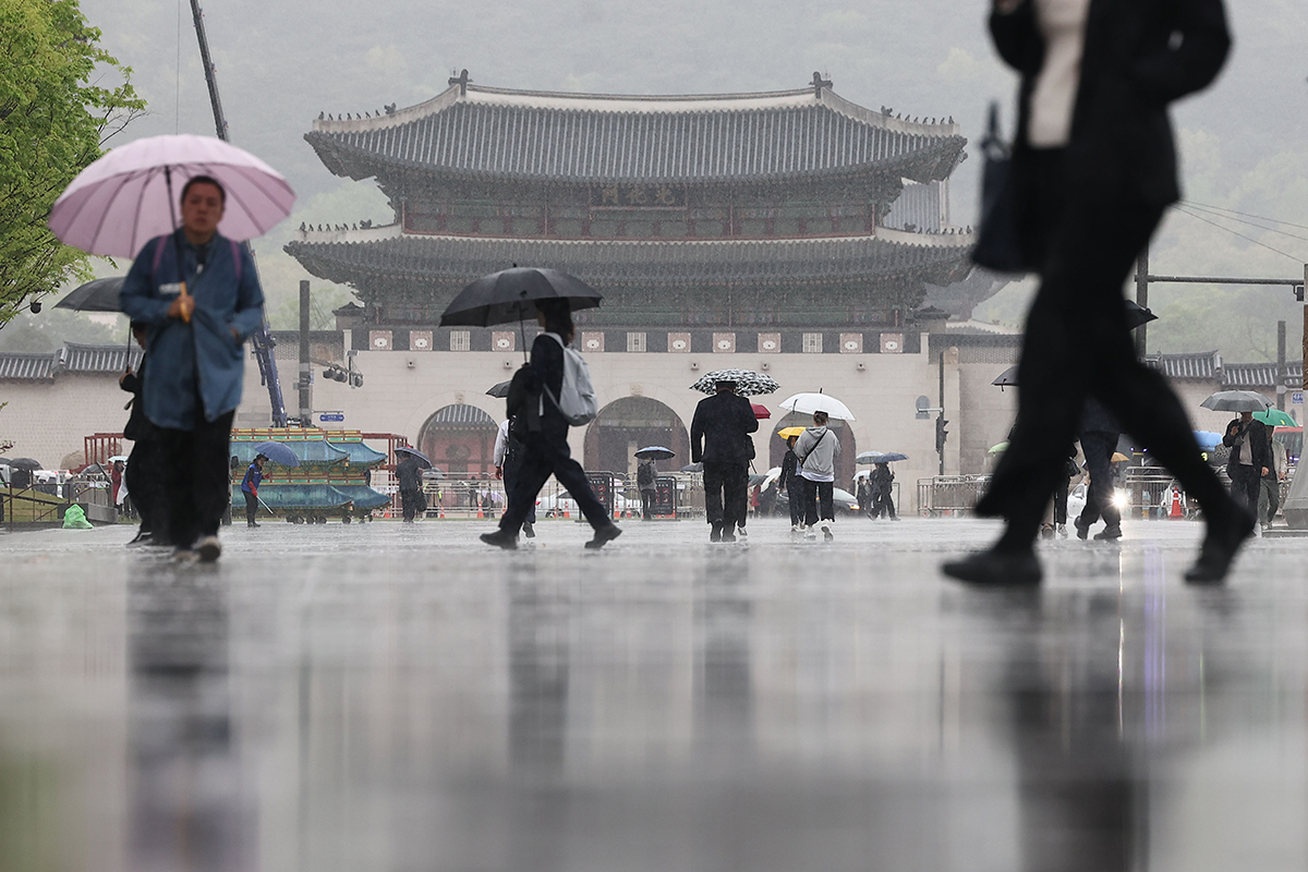 المواطنون يضعون المظلات ويتحركون في ميدان غوانغهوامون بالعاصمة سيئول يوم 15 أبريل وسط هطول أمطار الربيع.