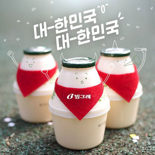  Adds for Banana Flavored Milk found on Binggrae's Facebook page make consumers feel closer to the milk. (From top) Banana Flavored Milk enjoys the autumn; various dairy products engage in a traditional Korean circular dance, the <i>ganggangsulae</i>, during the Chuseok holidays; Banana Flavored Milk eases your thirst after a bath; and, Banana Flavored Milk supports team Korea during the FIFA World Cup games in Brazil. 