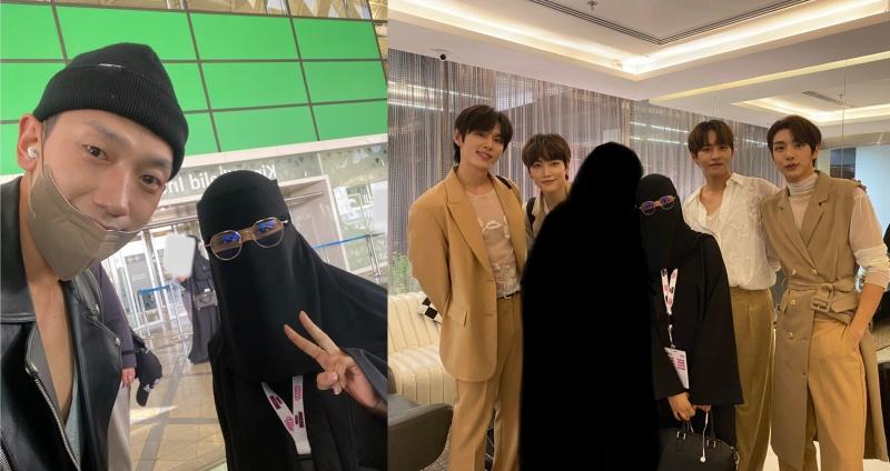 الصورة على اليمين تجمع صلفة السكران بأعضاء فرقة بي آي جي الكورية، وعلى اليسار صورتها مع الفنان راين كانت صلفة المترجمة الخاصة بالفنان المنفرد راين ضمن فعاليات مهرجان كي كون بالرياض (الصور من صلفة السكران)