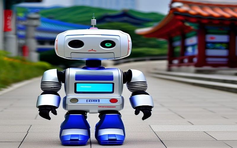 الصورة تحتوي على إنسان آلي صغير قام الذكاء الإصطناعي بتخيله وفي الخلفيه صورة تخيلية لكوريا (الصورة من خلود خالد ابو اليزيد، وتم تصميمها باستخدام تطبيق ’دريم')