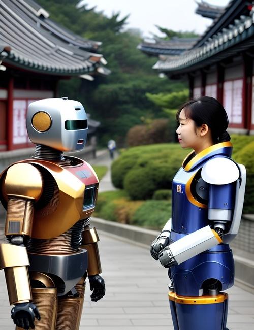 الصورة تحتوي على إنسان آلي و فتاة كورية بجسد إنسان آلي و في الخلفيه بيوت تقليدية كورية (هانوك) (الصورة من خلود خالد ابو اليزيد، وتم تصميمها باستخدام تطبيق ’دريم')