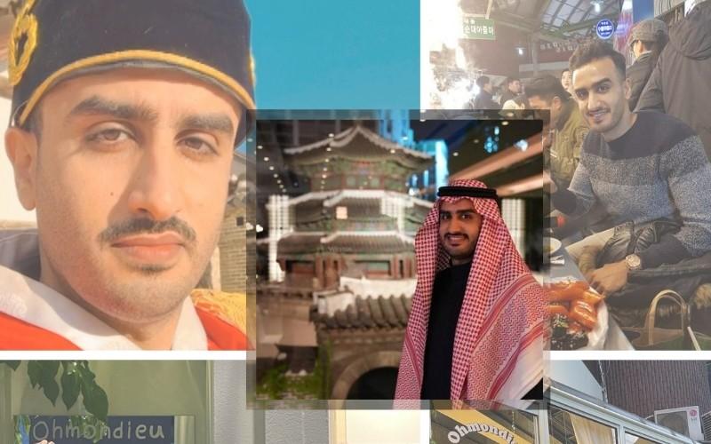 صورة مجموعة لغانم الشمري بارتداء اللباس التقليدي لكلا من كوريا والسعودية في كوريا وتجربته لاكلات الشارع الكوري (حقوق ملكية الصورة محفوظة لغانم الشمري)
