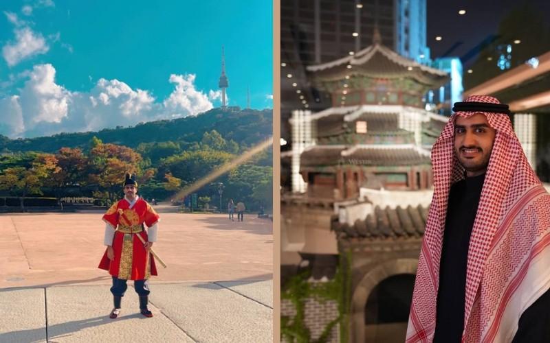 صورة لغانم الشمري بارتداء الملابس الكورية التقليدية(الهانبوك) والملابس السعودية (الثوب والشماغ) في كوريا(حقوق ملكية الصورة محفوظة لغانم الشمري)