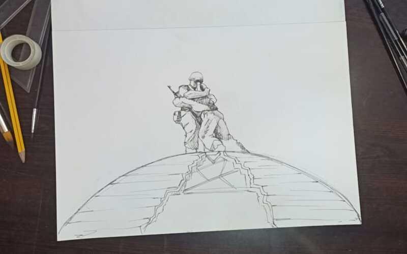 أول مرحلة من رسمة تمثال 'الأخويين' وهي الرسم بالقلم الرصاص (الصورة من فاطمة عصام وتم أخذ الأذن بالاستخدام)
