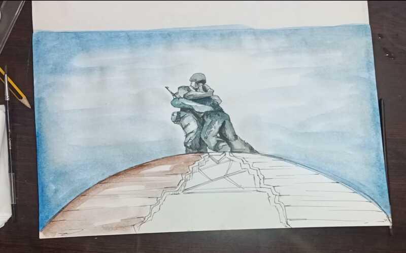 ثاني مرحلة من رسمة تمثال 'الأخويين' وهي بداية تلوين الرسمة باستخدام الالوان المائية (الصورة من فاطمة عصام وتم أخذ الأذن بالاستخدام)