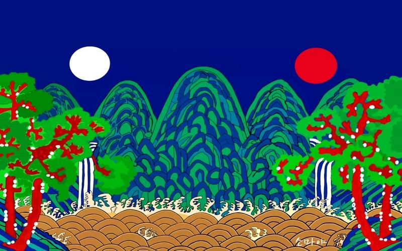 تظهر الصورة رسمة الشمس والقمر والقمم الخمسة (الصورة من تصميم سمية طارق سيد عباس)