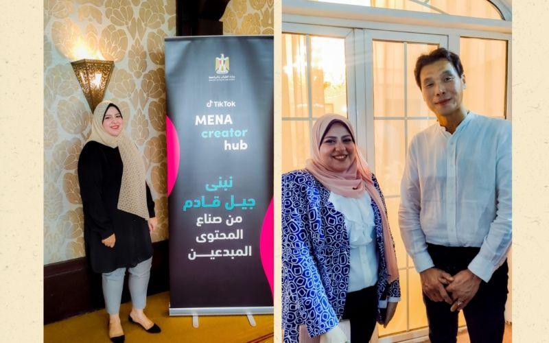 على يمين الصورة تظهر داليا حواش مع سيادة السفير هونغ جين-ووك سفير جمهورية كوريا السابق لدى مصر أثناء حفل توديعه وعلى يسار الصورة تظهر داليا حواش في مؤتمر لمبدعين التيك توك المؤثرين حيث تقوم بنشر فيديوهات تخص الثقافة الكورية من خلال التيك توك. (الصورة من داليا حواش)