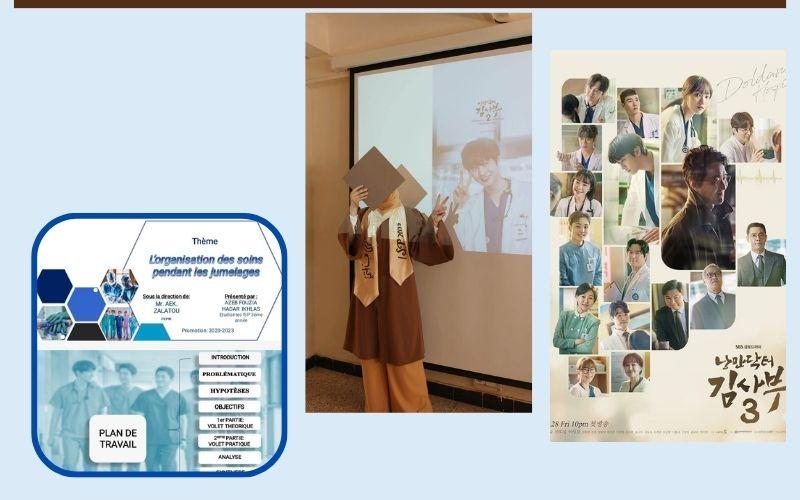 صورة اثثاء القاء اطروحتها و موضوع اطرروحتها اهم ماتم ذكره فيها و البوستر الرسمي لمسلسل الطبيب الرومانسي (صورة من حساب الرسمي لقناة إس بي إٍس في إنستغرام و صورة التقطتها الطالبة فوزية عازب) 