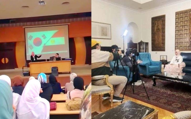 على اليمين، أعدت السفارة الكورية في مصر مقابلة مع ناريمان عن رحلتها مع الهانبوك. تظهر هنا في كواليس التصوير مع مصوري السفارة. على اليسار، ألقت ناريمان محاضرة في كلية التجارة بجامعة عين شمس تتناول إنجازاتها المتعلقة بالثقافة الكورية وشجعت الحاضرين على التعمق في الثقافة الكورية بدورهم. (الصور من ناريمان طلال)