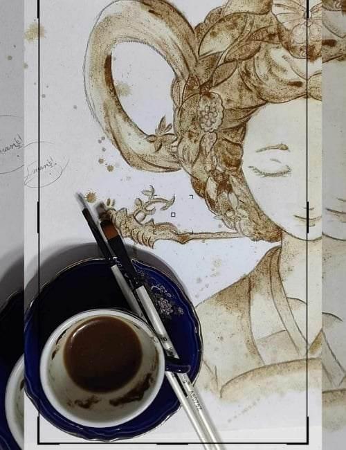 رسم بالقهوة لفتاة كورية ترتدي هانبوك وتضع دبوس الشعر التقليدي مع تصفيف مميز للشعر الصورة من إيمان مع الأذن.