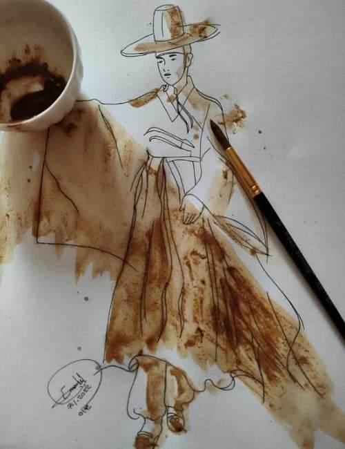 رسم آخر بالقهوة لرجل بملابس كورية تقليدية الصورة من إيمان مع الأذن.