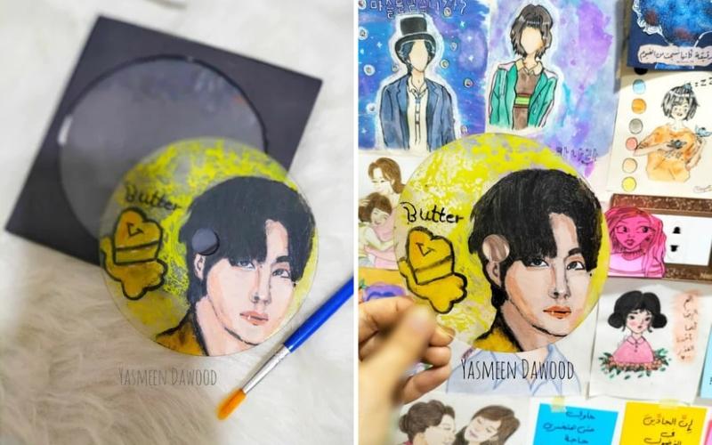 إعادة استخدام أسطوانة والرسم عليها بألوان الزيت عضو فرقة بي تي اس (حقوق ملكية الصور محفوظة لياسمين عبد الفتاح)