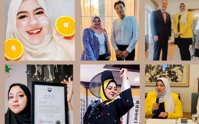 تصميم الصورة يظهر من الأعلى بالترتيب من اليمين لليسار: صورة لداليا مع سعادة السفير الحالى لجمهورية كوريا فى مصر كيم يونج هيون ثم صورة لها مع سعادة السفير السابق لجمهورية كوريا فى مصر هونج جين ووك ثم صورة لداليا ومن الأسفل بالترتيب من اليمين لليسار صورة لداليا أثناء التحدث فى حفل تعيين الداعمين الرقمين لمصر و كوريا ثم صورة لها وهى ترتدى الهانبوك ثم صورة لها مع شهادة تعيين كى -إنفلونسر (الصور من داليا عيد حواش وقد تم أخذ الأذن باستخدامها فى المقال وتصميم الصورة بواسطة مراسلة كوريا نت شيماء جمال)