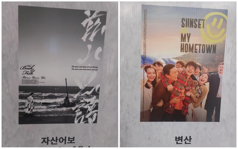 الصورة على اليمين توضح بوستر فيلم غروب الشمس في مسقط رأسي وعلى اليسار بوستر فيلم مخطوطة السمك (الصورة من خلود خالد ابواليزيد)