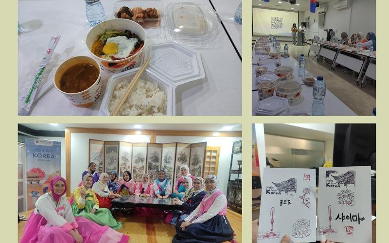 الصورة توضح فعاليات يوم الهانشيك من تجربة الطعام الكوري و″الهانبوك″ الزي الكوري التقليدي والكتابة باللغة الكورية.