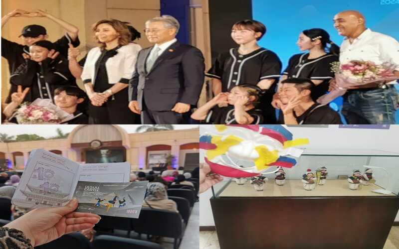 الصورة من الأعلى باتجاه عقارب الساعة تظهر صورة للسفير الكوري ووزيرة الثقافة المصرية مع فريق ’جامبلرز‘ وفريق ’جوبلن بارتي‘وصورة لقناع لرقصة ال’تالتشوم‘ من تزييني وصورة لتذكرة حضور حفل الافتتاح وختم حضور الفعالية على جواز سفر الثقافة الكورية الخاص بالمراسلة.