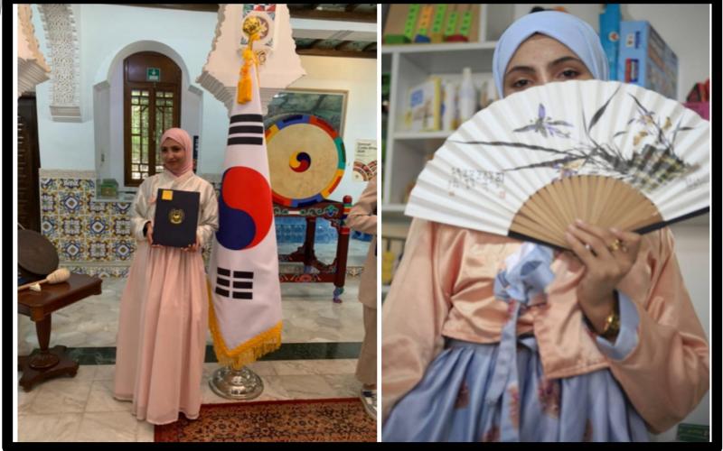 الصورة توضح من اليمين صورة زينب بلواز وهي ترتدي زي الهانبوك الذي صممته أول مرة، أما في اليسار صورتها وهي ترتدي الهانبوك الذي قامت بتصميمه اخر مرة والذي ارتدته في حفل رفقة بالسفارة الكورية.