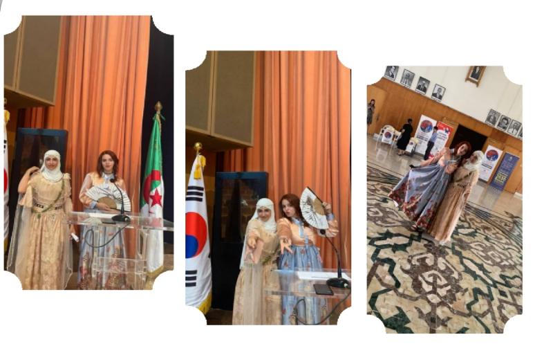 صورة مجمعة لفتاة ترتدي الهانبوك الذي صممته زينب وبجانبها زينب مرتدية اللباس التقليدي لولاية الجلفة.