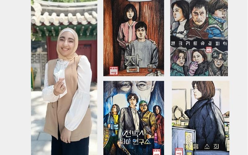 تظهر الصورة فاطمة عصام ورسوماتها للأفلام الكورية المشاركة في ليالي الأفلام الكورية في مصر (الصور من فاطمة عصام وتم أخذ الأذن منها لاستخدامهم في المقال)
