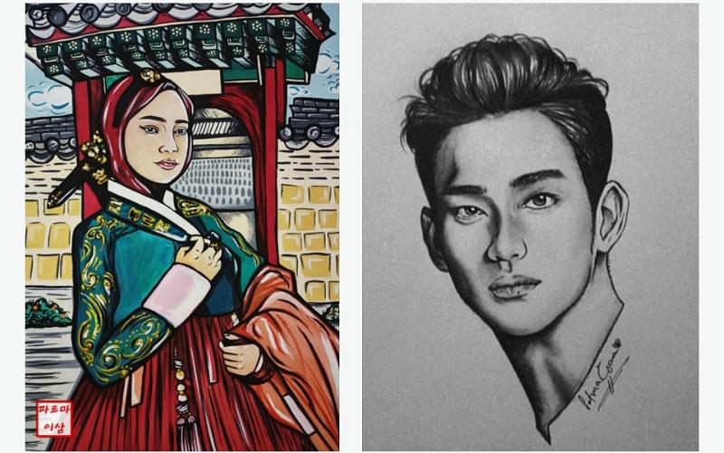 تظهر الصورة من اليمين صورة رسمة فاطمة للممثل الكوري 