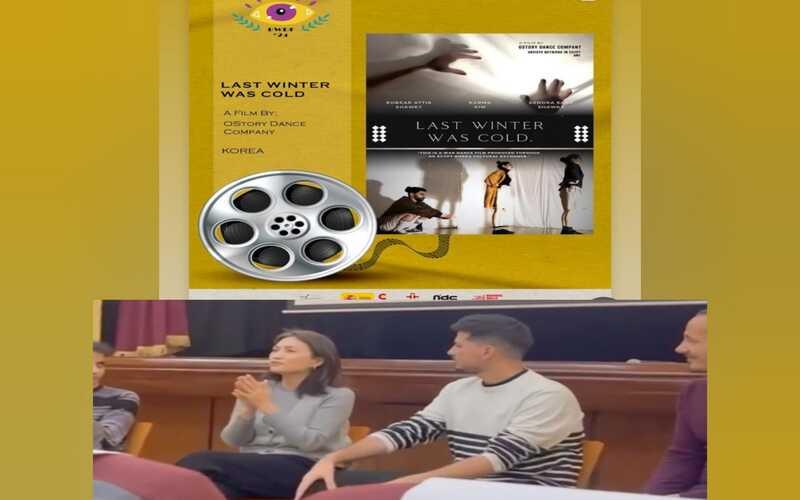 ملصق مشاركة الفيلم في مهرجان ’بيركينغ وولز 2024‘ و’كيم كارما‘ خلال مناقشة الفيلم في المهرجان- الصور من صفحة ’أوستوري‘ على انستجرام بموافقة من ’كيم كارما‘ - التصميم من أمنيه أمير
