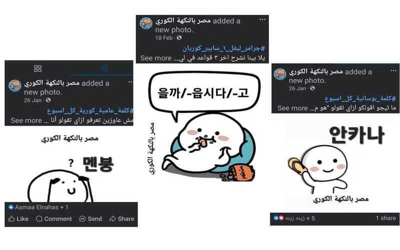 الصورة توضح ان من اليمين الى اليسار تعليم لهجة بوسان و شرح قواعد كورية و تعليم العامية الكورية. (الصورة من خلود خالد ابو اليزيد)