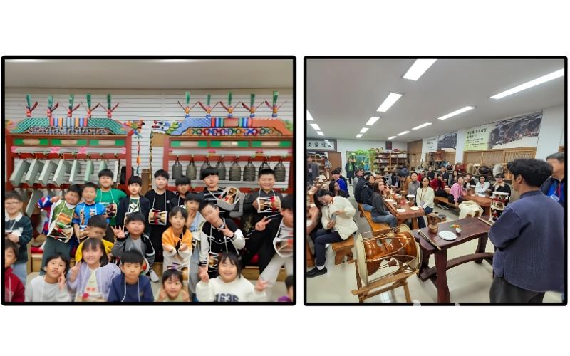 صورة توضح مجموعة من الأجانب خلال زيارتهم سانغ جون لي من أجل تعلم صناعة جانغو من اليمين، ومن اليسار مجموعة من طلاب الابتدائية يحملون جانغو بعد تعلم صناعتها. (مصدر الصورة سانغ جون لي تم الحصول على إذن باستخدامها)