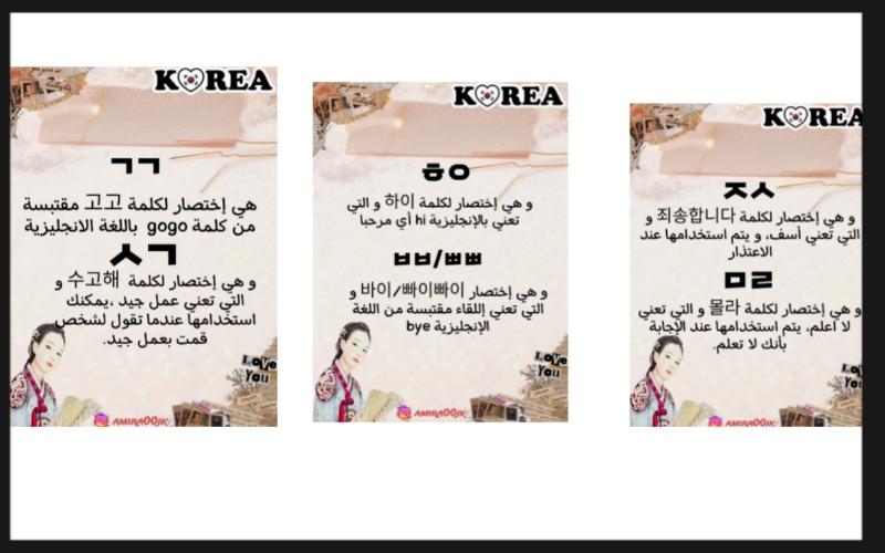 صورة مجمعة لعدد من صفحات الكتاب الإلكتروني، تُبرز بعض اختصارات المحادثة الكورية. (مصدر الصورة المراسلة الفخرية أميرة فرحات)