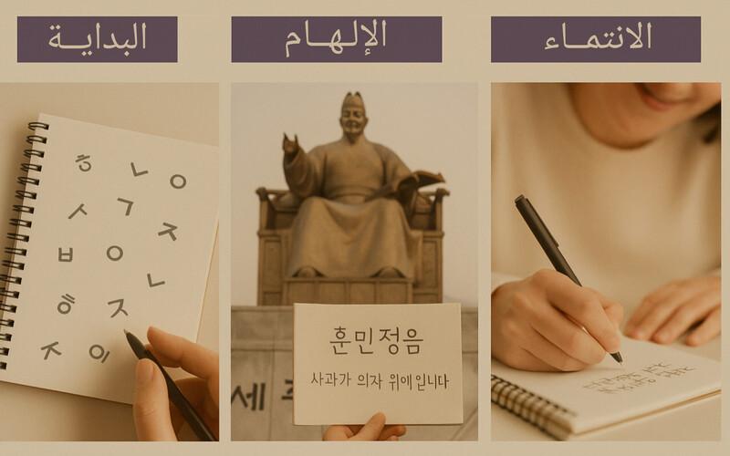 صورة مجمعة بها ثلاث صور مختلفة تعبر عن رحلة تعلم اللغة الكورية: على اليسار البداية وفي المنتصف الإلهام من امام تمثال الملك سيجونغ وعلى اليمين الانتماء إلى اللغة. ( الصور من المراسلة زينب نيازي حسن)