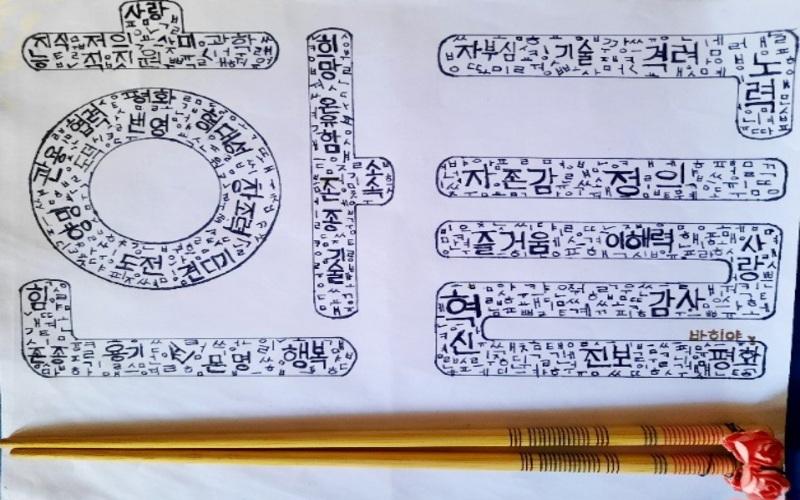صورة لرسمة لكلمة 'هانغول' وبداخلها كلمات وحروف من اللغة الكورية للتعبير عن الشكر والتقدير للملك سيجونغ. (الصورة من حساب كوريا نت على فليكر)