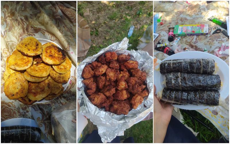 تظهر الصورة مجموعة من الأطباق الكورية التي قمنا بتحضيرها للنزهة، على اليمين كيمباب التونة والخضار، في الوسط دجاج داكغانغجونغ، وعلى اليسار فطائر الهوتوك. (الصورة من المراسلة الفخرية عنان شيماء)