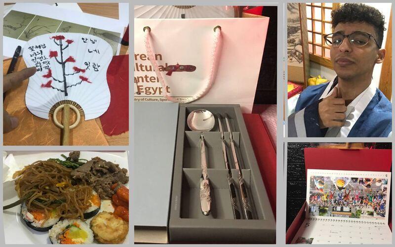 صورة مجمعة لفعالية ’أهلاً كوريا‘ بما في ذلك تجربة الطعام الكوري، ارتداء الزي التقليدي ’هانبوك’، والهدايا التذكارية التي تم تقديمها للزوار. توثق الصورة أجواء الفعالية الممتعة وتنوع أنشطته. (الصور من المراسل اسلام عاطف تم اخذ الاذن بنشر الصور)