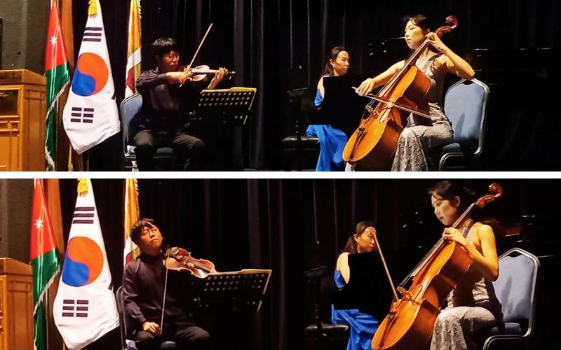 تظهر الصورتين اداء ’الليني بيانو تريو’ خلال أدائهم الموسيقي في الأردن. (الصورة من أسيل السيلاوي)