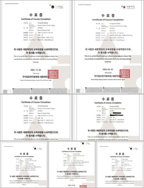 نرى في الصور شهاداتي التي حصلت عليها عند اجتيازي كل مستوى من المستويات السبعة في معهد الملك سيجونغ بالمركز الثقافي الكوري في مصر. (الصور من تصويري الشخصي)