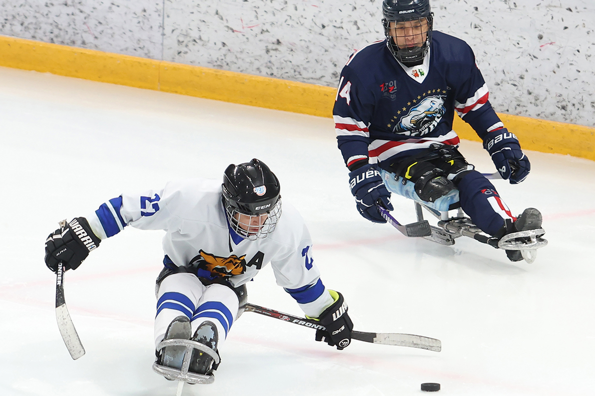 لاعبو الهوكي يستعرضون مهاراتهم خلال مباراة هوكي الجليد بين فريقي غانغوون وتشونغبوك التي أقيمت في مركز غانغنيونغ للهوكي في مقاطعة غانغوون في 28 يناير، وهو اليوم الثاني من المهرجان الوطني الثالث والعشرين للرياضات الشتوية لذوي الاحتياجات الخاصة.