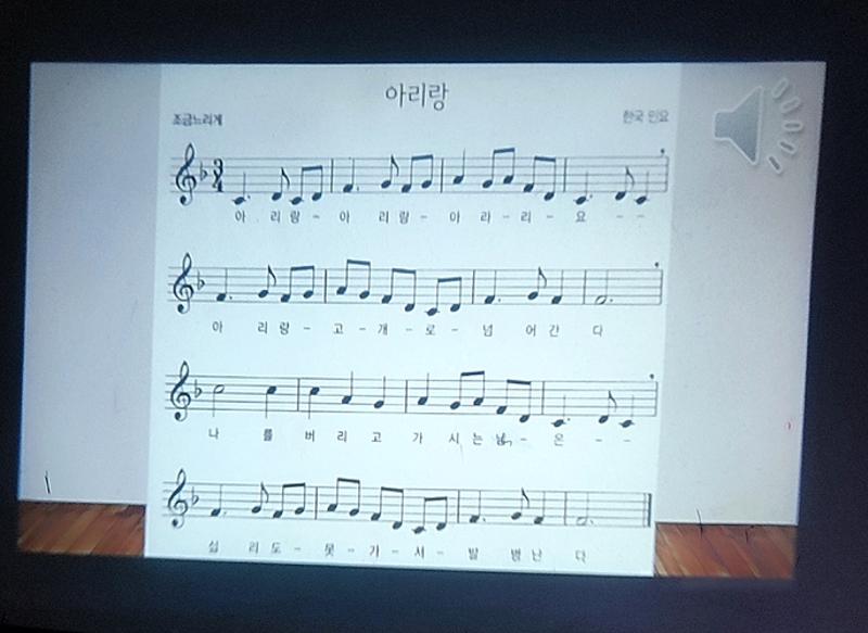 صورة توضح الايقاع الموسيقي لأغنية اريرانغ التي تدربنا على غنائها في الدرس الثقافي (الصورة من زينب نيازي حسن.)