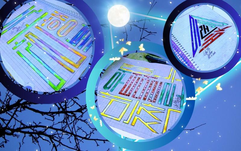 (.صورة لتصاميم كتابة 'الهانغول' بأسلوب الخط 'الكوفي المربّع' ( الصور والتصميم من المراسلة، سُها علي