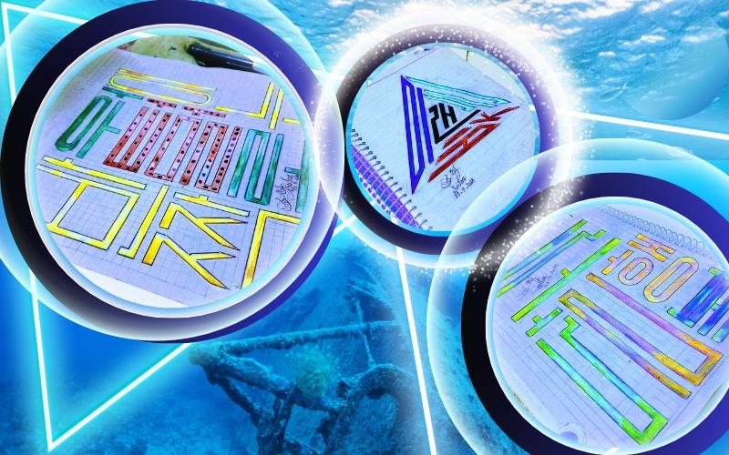 (.صورة لتصاميم كتابة 'الهانغول' بأسلوب الخط 'الكوفي المربّع' ( الصور والتصميم من المراسلة، سُها علي