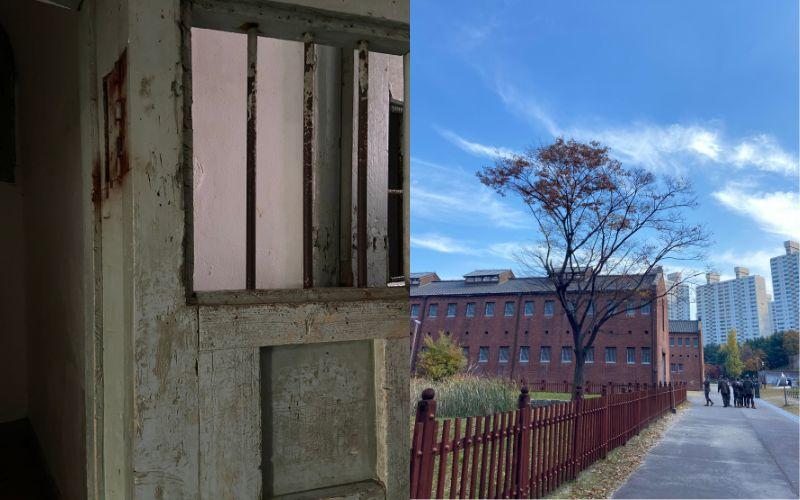 صورة لسجن سودومون من الخارج ولإحدى غرف الاحتجاز به من الداخل. (الصور من إيمان الأشقر.)