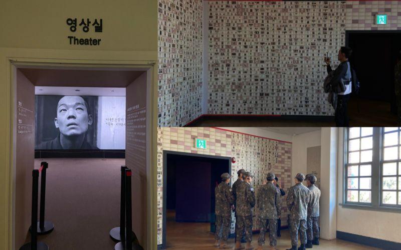 يظهر تصميم الصورة على اليمين في الأعلى والأسفل صور من داخل المعرض التاريخي لذكرى سجناء سودومون، وعلى اليسار صورة للمسرح الخاص بالمبنى. (الصور من إيمان الأشقر.)