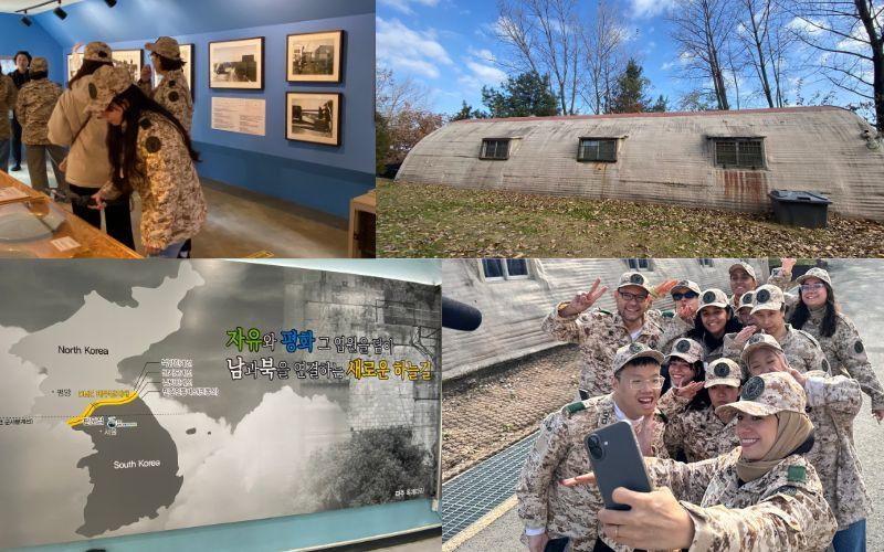 على اليمين في الأعلى صورة لإحدى المباني التاريخية في منطقة دي إم زي، وفي الأسفل صورة جماعية خلال تجربة الزي العسكري الكوري. على اليسار في الأعلى صورة داخل معرض الوثائق التاريخية، وفي الأسفل صورة للخريطة عند مدخل المبنى. (الصور من إيمان الأشقر.)