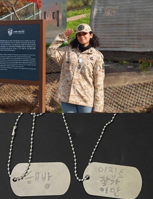 في الأعلى صورة خلال تجربة ارتداء الزي العسكري الكوري، وفي الأسفل صورة للسلسلة التي تم صنعها المحاكية لسلاسل أفراد الجيش. (الصور من إيمان الأشقر.)