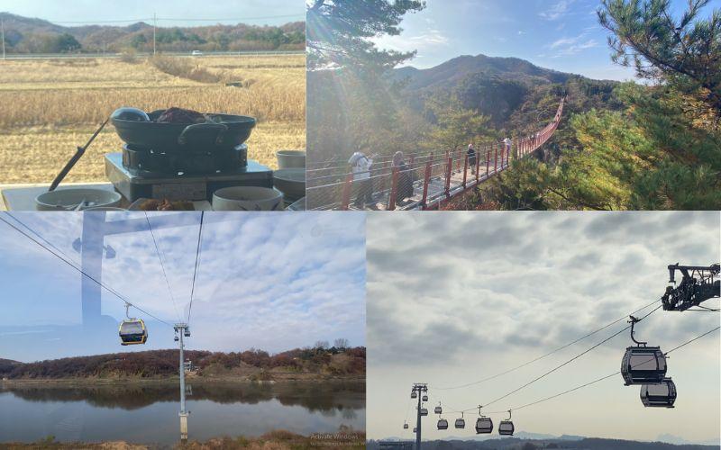 صور خلال جولة مدينة باجو: على اليمين في الأعلى صورة جسر بحيرة ماجانغ المعلق، وعلى اليسار صورة لأحد مطاعم التوفو التقليدية. في الأسفل على اليمين صورة للتلفريك الخاص بالمنطقة منزوعة السلاح من الخارج، وعلى اليسار صورة للمنظر الذي يطل عليه من الداخل. (الصور من إيمان الأشقر.)