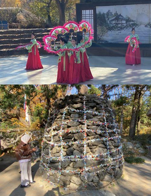 في الأعلى صورة خلال عرض فني بالقرية الكورية التقليدية بيونغين، وفي الأسفل حجر الأمنيات أمام مدخل القرية. (الصور من إيمان الأشقر.)